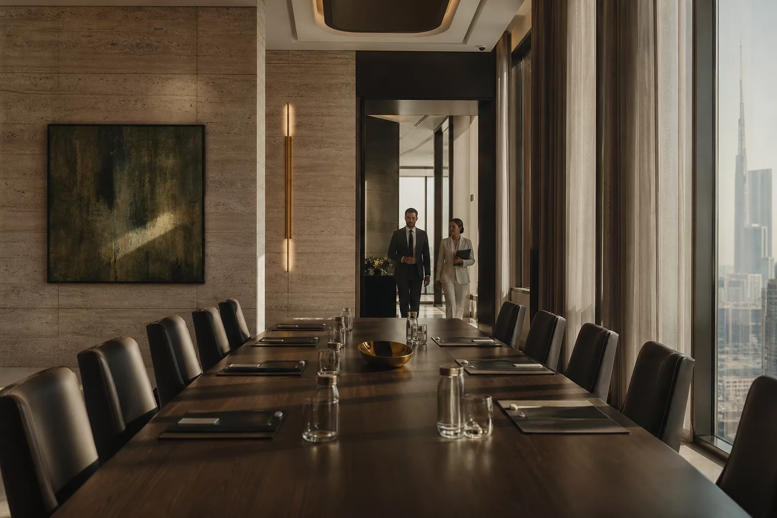 Executives entering a refined contemporary corporate boardroom