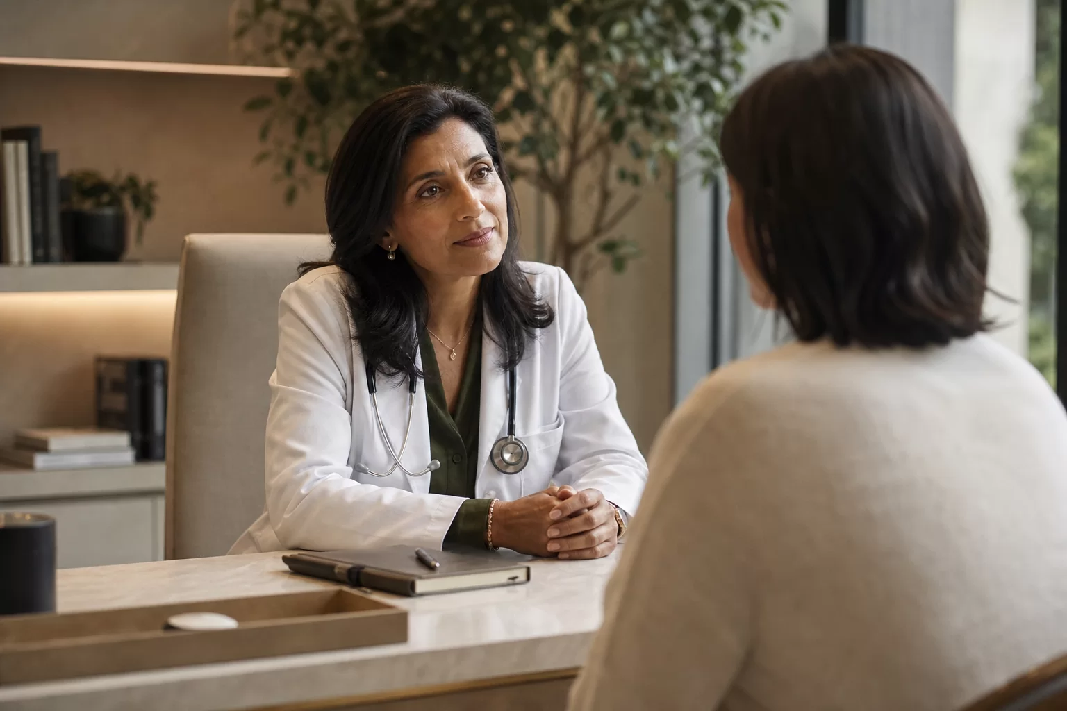 Physician listening attentively to a patient in a contemporary clinic