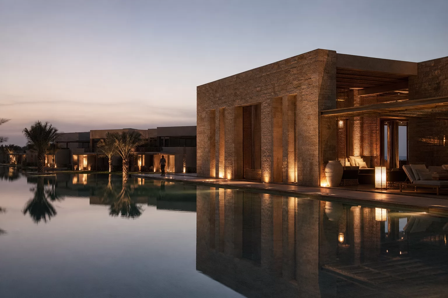 Contemporary Gulf luxury resort reflected in an infinity pool at dusk