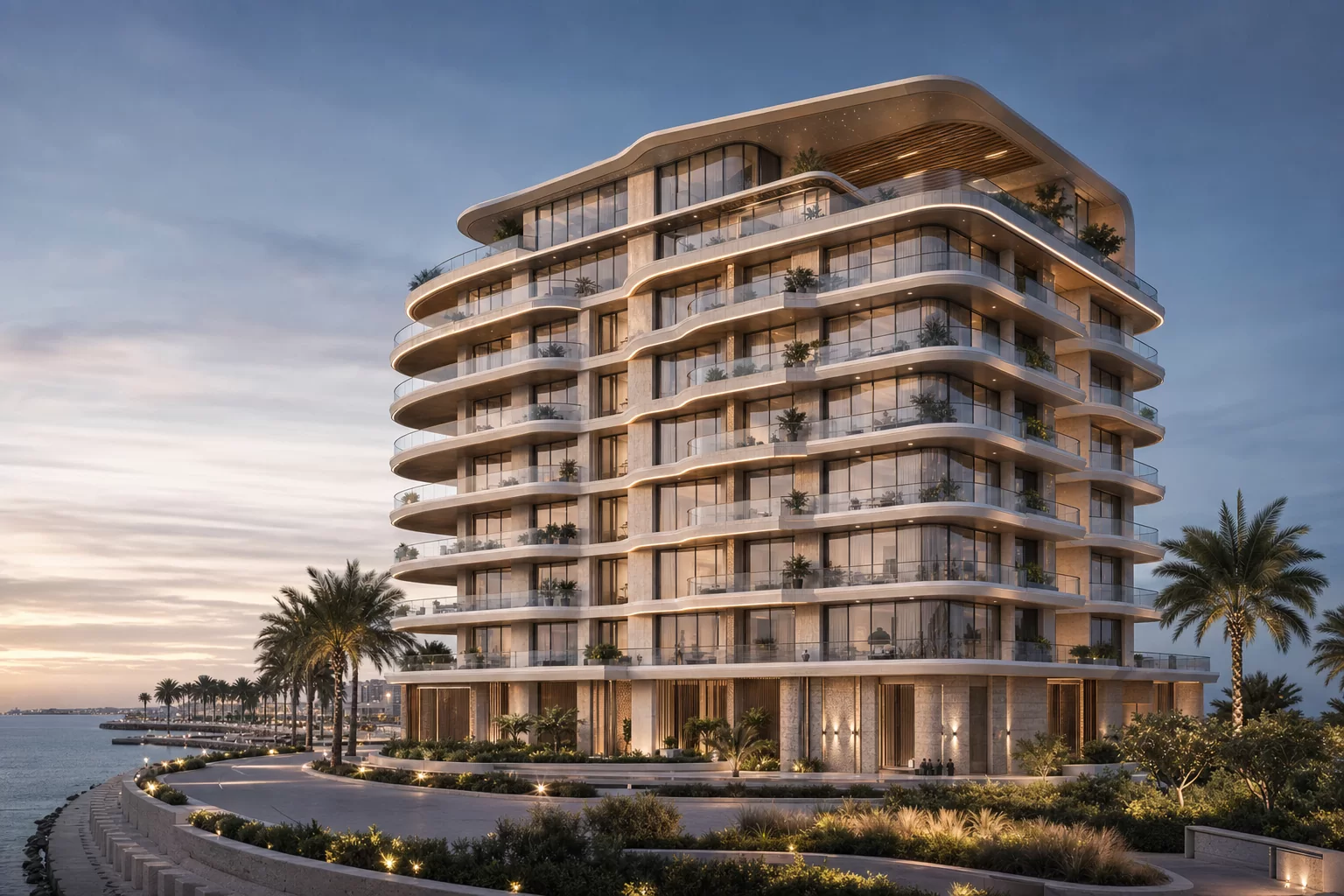 Entire luxury waterfront residential building in Dubai at dusk