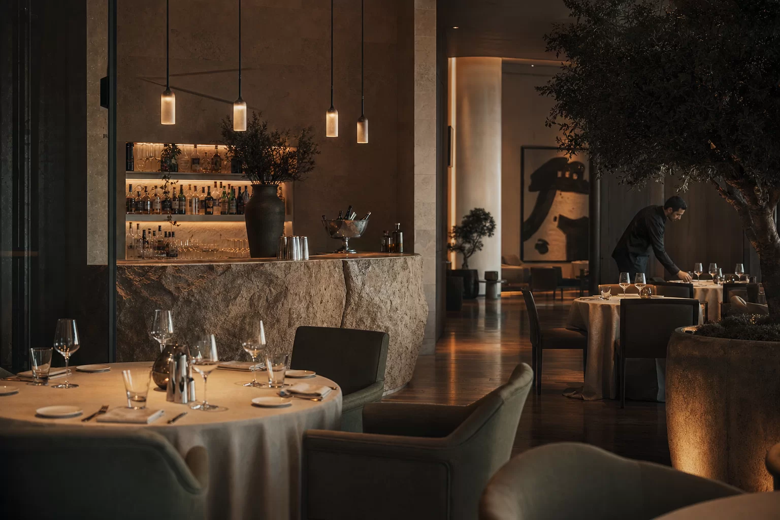 Refined contemporary restaurant prepared for evening service