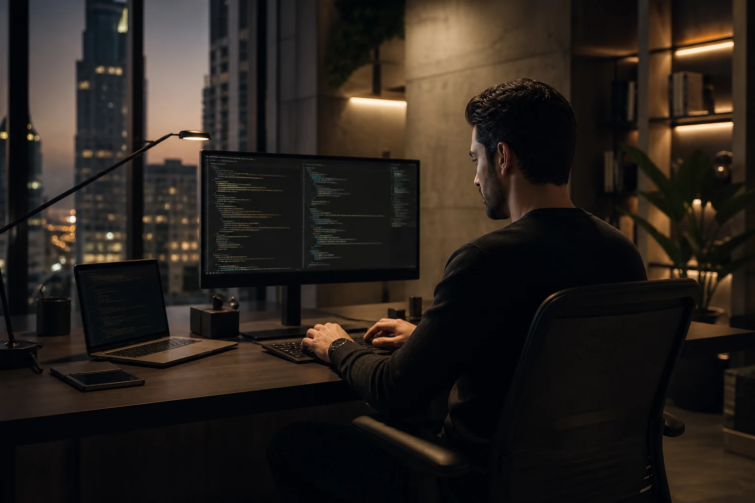 Software engineer coding at a computer in a contemporary technology office